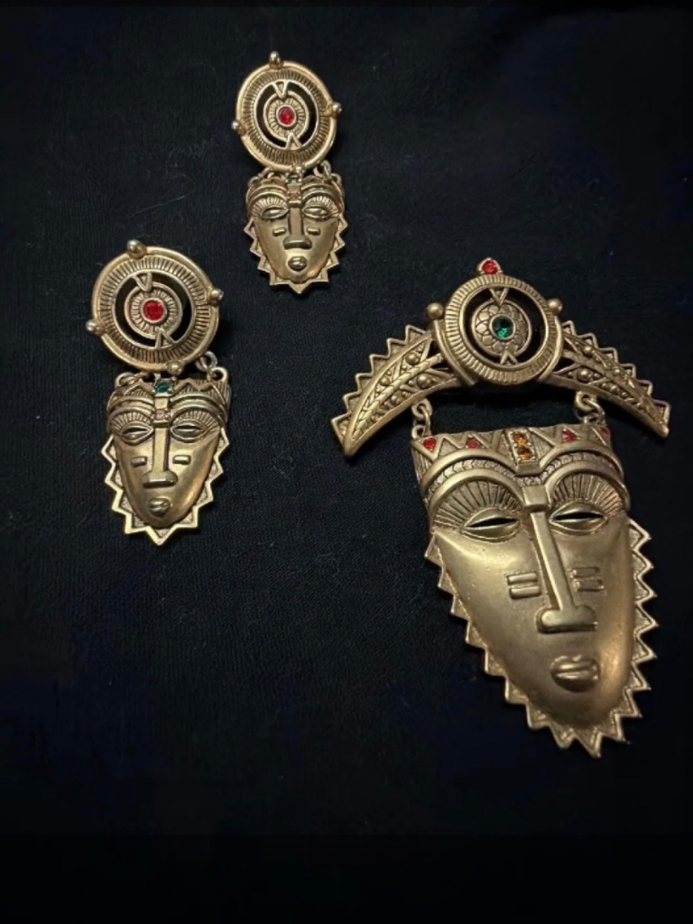 Vintage Avon Aztec Mask Brooch and Earring Set, Gold Tone Rhinestone Jewelry